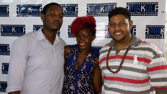 (L-R) Gary Mugisha, Nisha Kalema and filmmaker Jayant Maru shortly after 'Jinxed' screened at Amakula on Thursday
