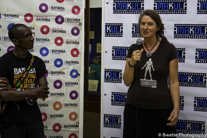 Amakula's new director, Faisal Kiwewa, looks on as his predecessor, Alice Smits addresses guests yesterday