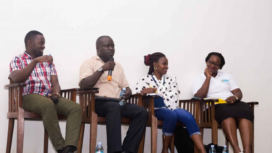 L-R: Polly Kamukama, the co-curator Amakula International Film Festival, Peter Okello Jabweli, the coordinator Film Classification secretariat - Media Council of Uganda, Ruth Kibuuka, the Content Development manager at UCC and Mercy Kainobwisho, the Director Intellectual Property at URSB during the panel discussion.